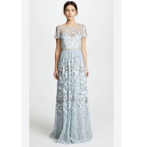 Marchesa Notte Blue Embroidered Floral Sequin Tulle Maxi Gown Dress Sz 2 Altered